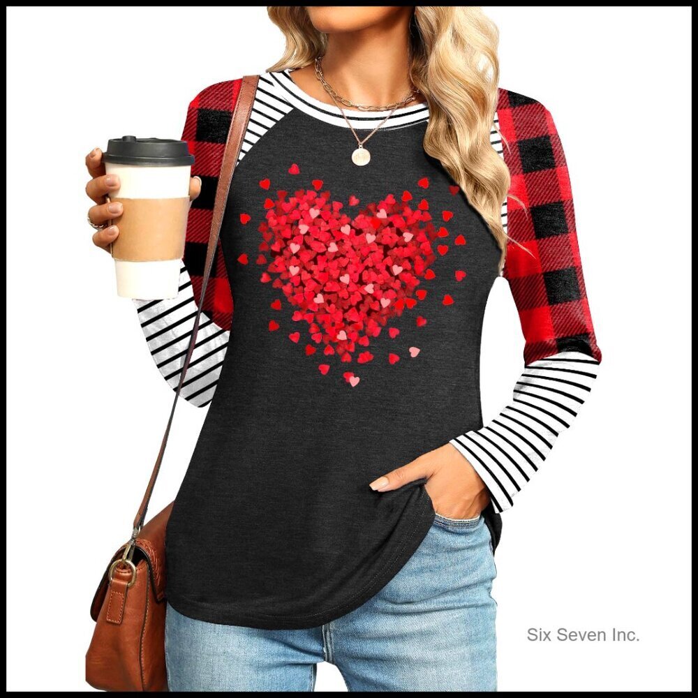 Long Sleeve Graphic Tee Buffalo Plaid Raglan Sleeve Casual Loose Fit Valentine's